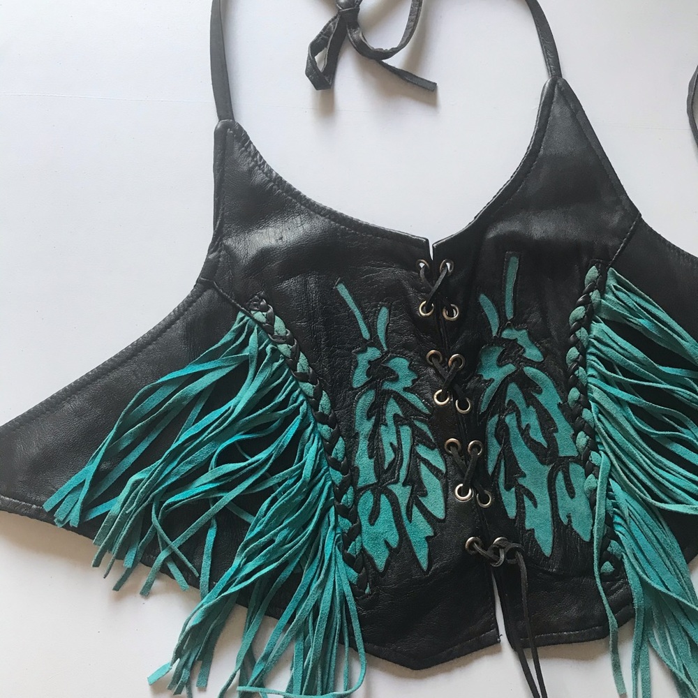 Black and turquoise leather tie top